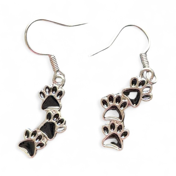 Silver and Black Paw Print Dangle Earrings - Picture 1 of 1